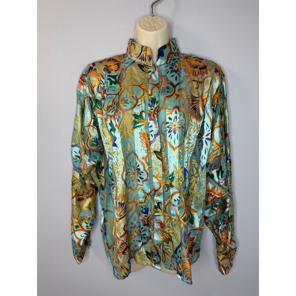 Vintage The Silk Farm Silk Printed Blouse Long Sleeve Button Front Women's 10